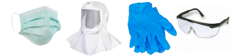 PPE (personal protective equipment) includes face shield, goggles, gloves, lab coat, gown and shoe covers